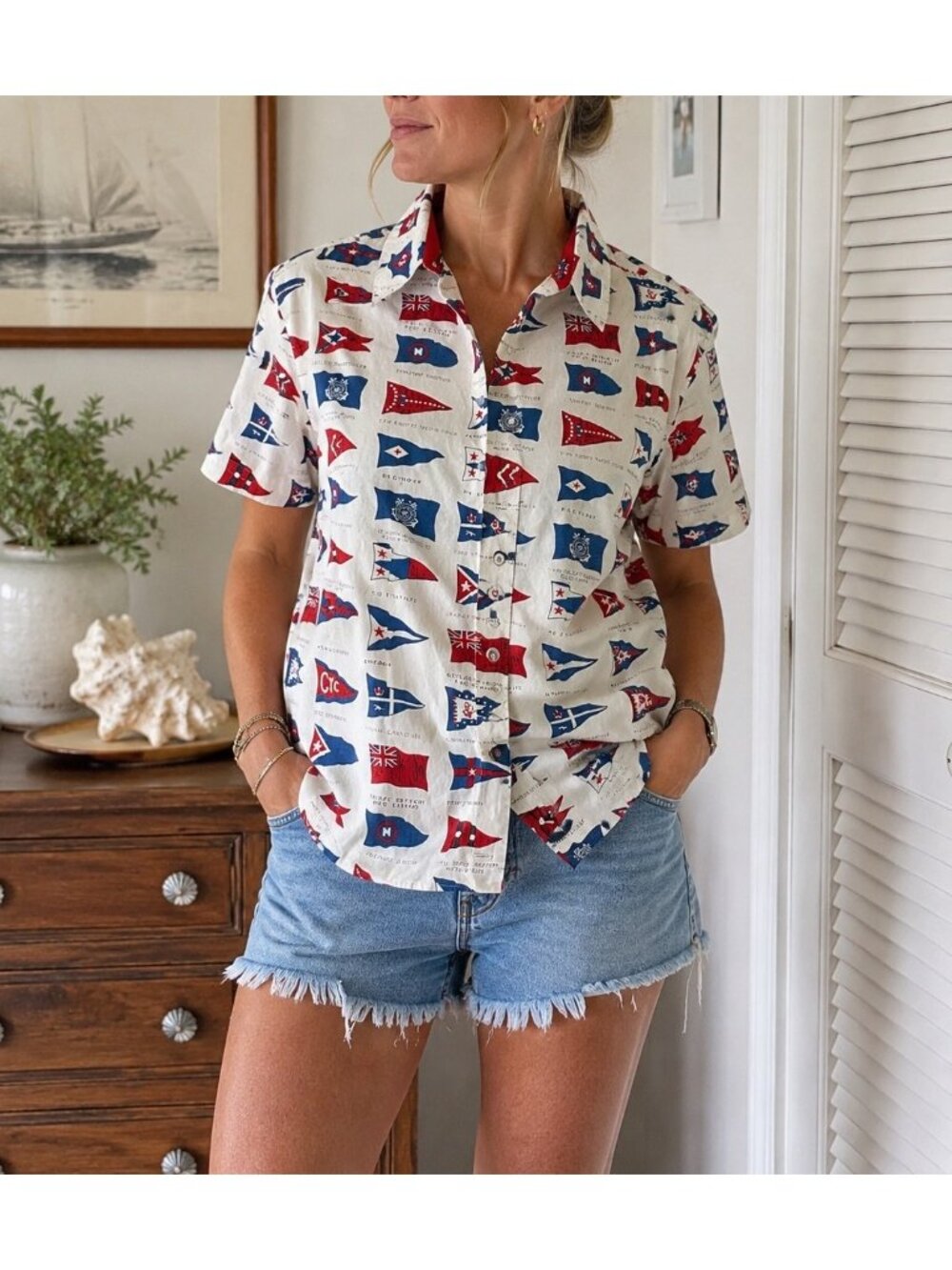 Vintage Queen Casuals Nautical Flag Button Up Sailing Yacht Club Top
